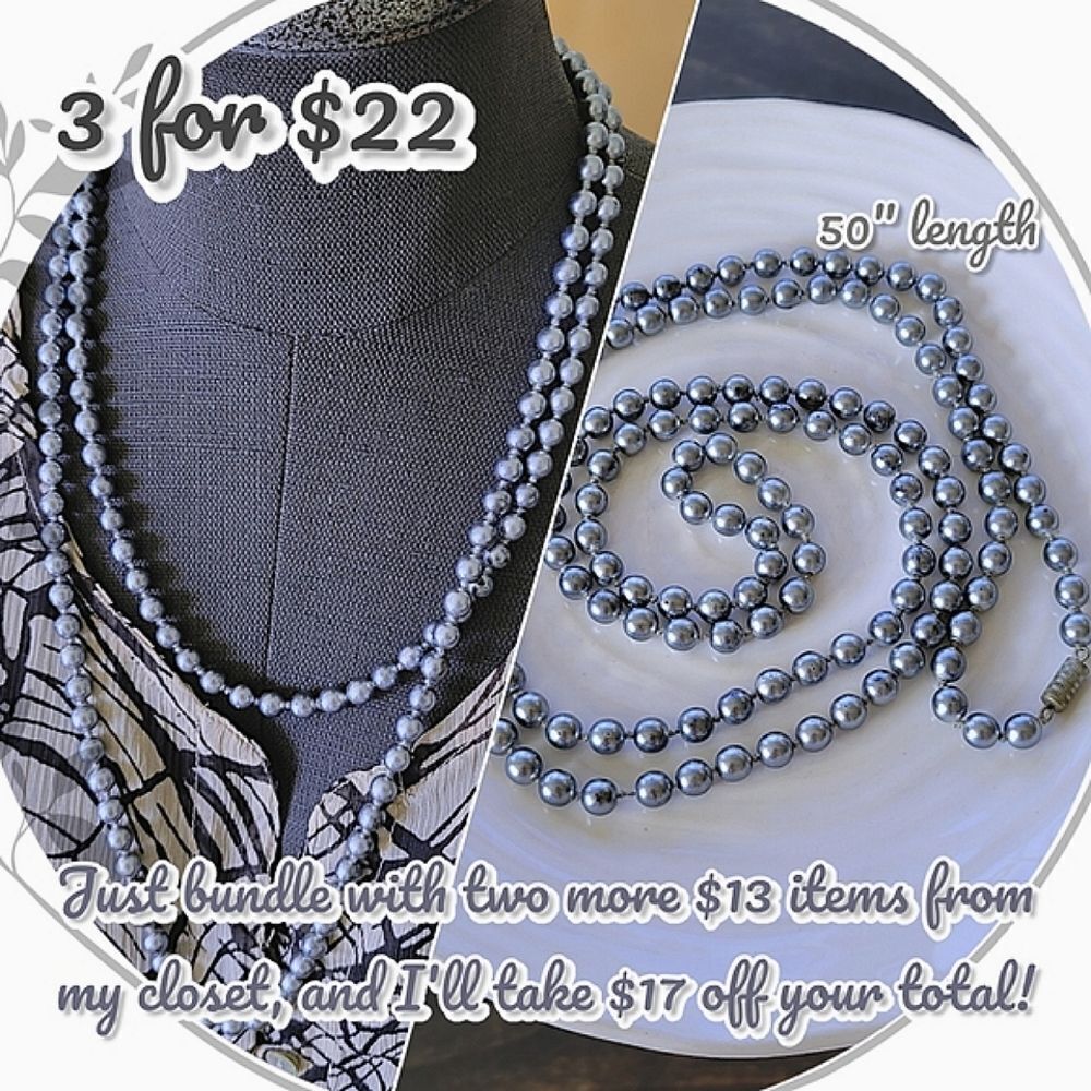Vtg grey faux pearl single strand rope length necklace
